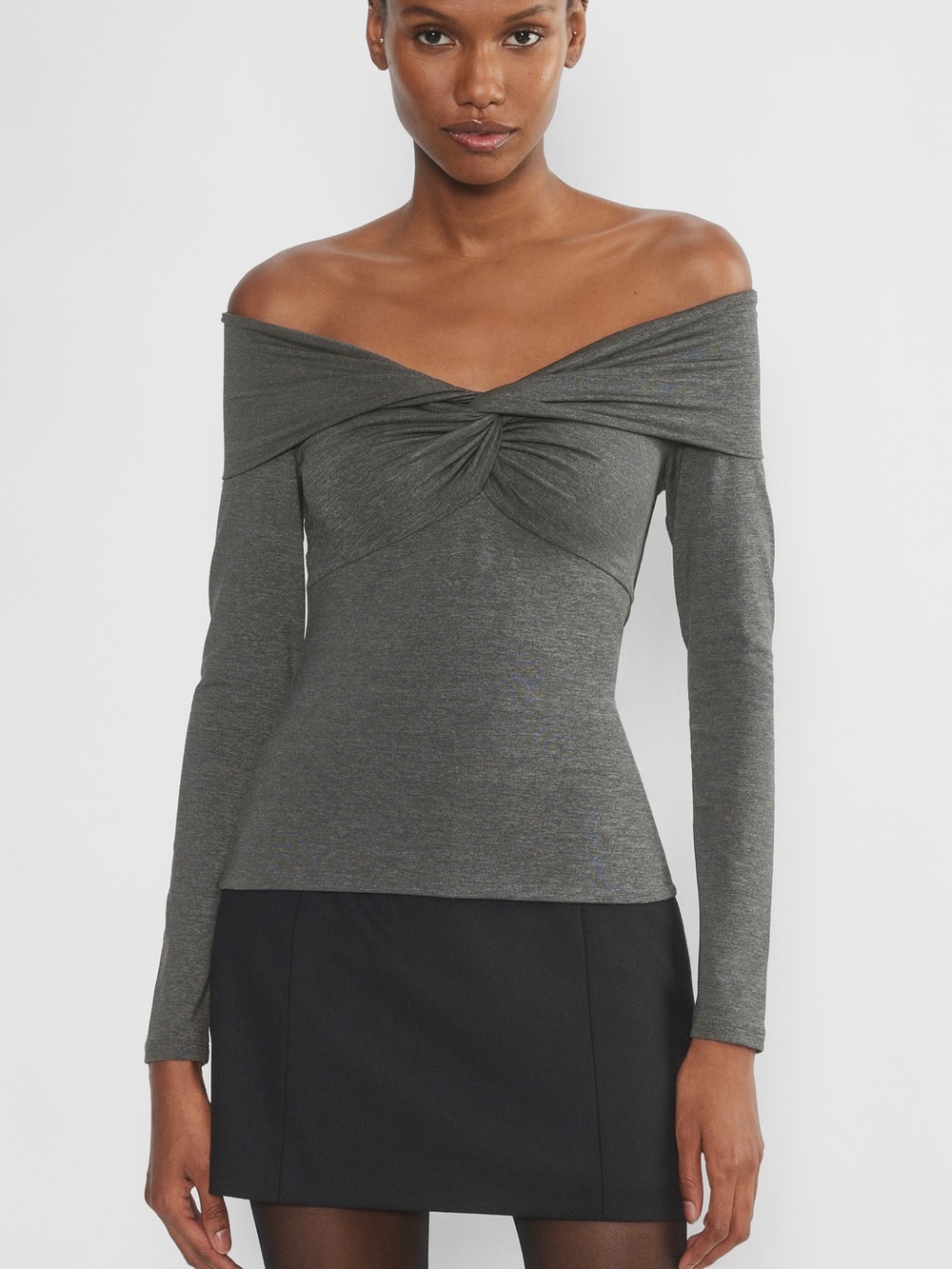 Aritzia Contour Twist Off-shoulder Long Sleeve Top Heather Charcoal Grey Medium